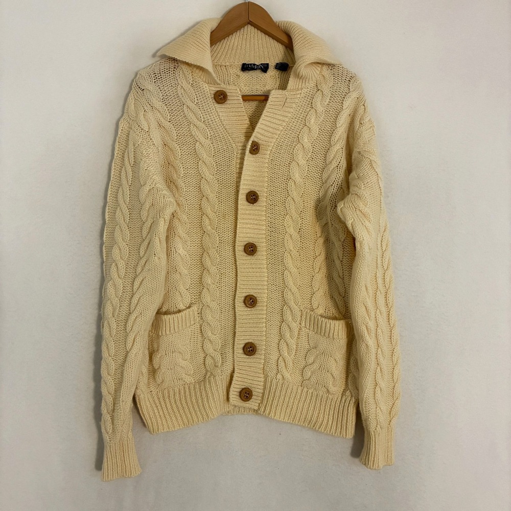 Vtg Damon Wool Fishermans Cardigan Sweater Men M Chunky Cable Knit Grandpa Ivy